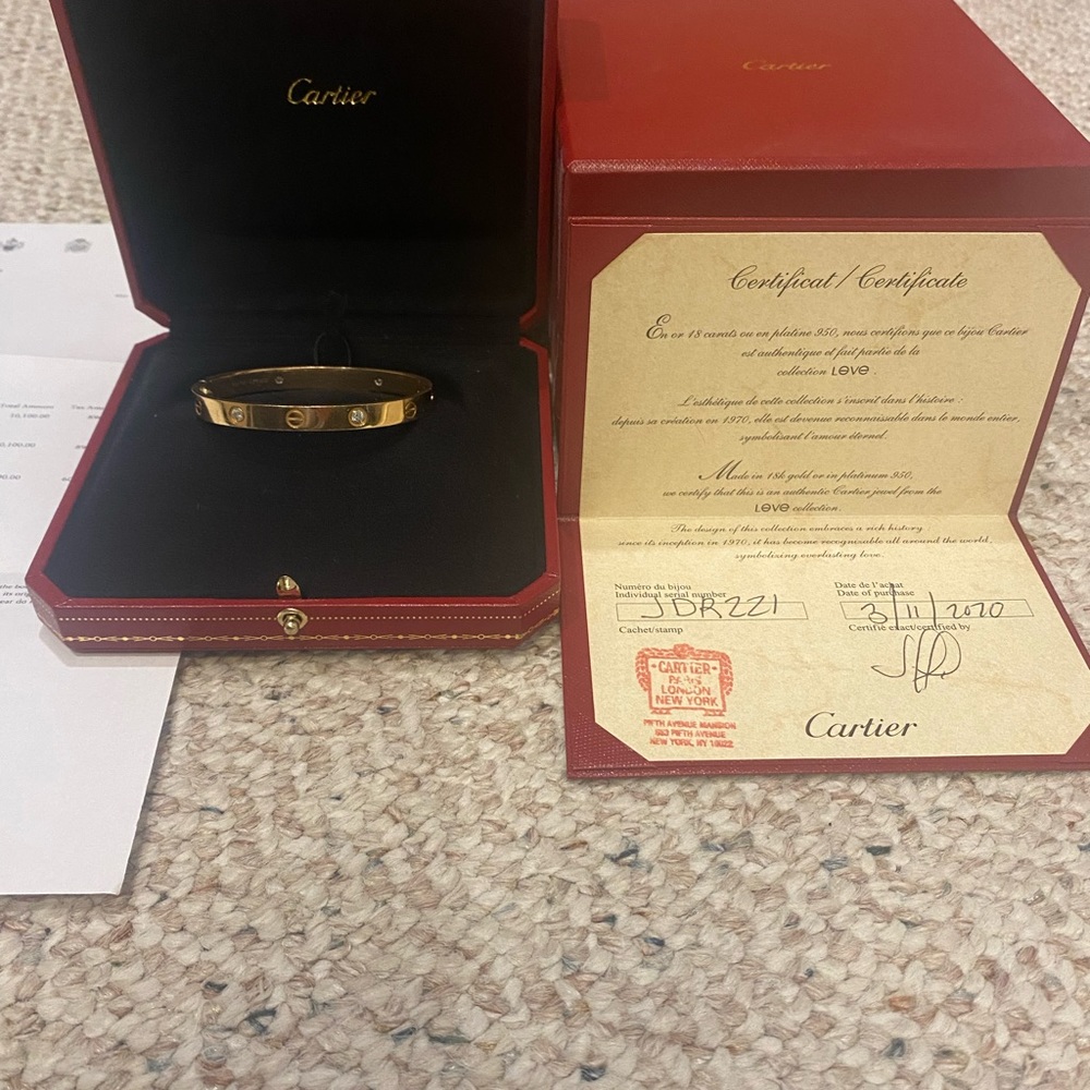 Rose gold cartier love bracelet 4 diamonds size 17